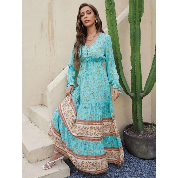 Floral print Lace Up long sleeve Ruffle maxi Dress blue green - Picture 4 of 6
